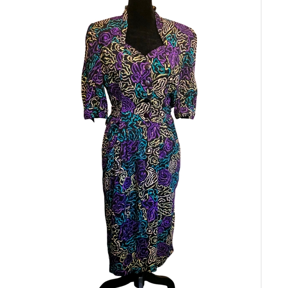 Joni Blair 80s Stylized Floral Dress Button Front Pockets Vintage Size 5